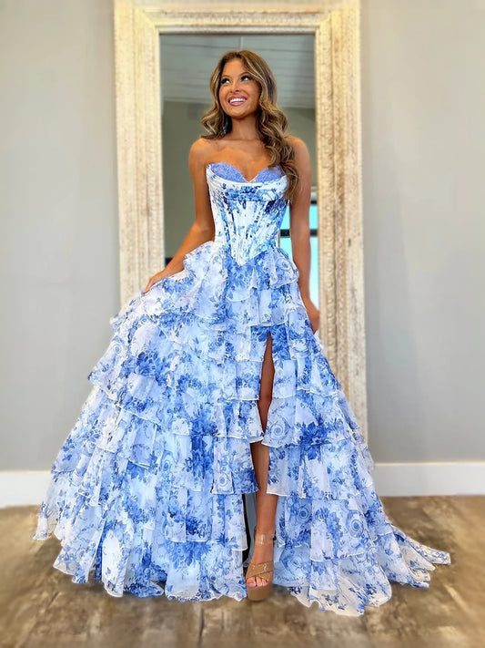 Blue floor-length prom dress, alternate view showing the bodice and skirt