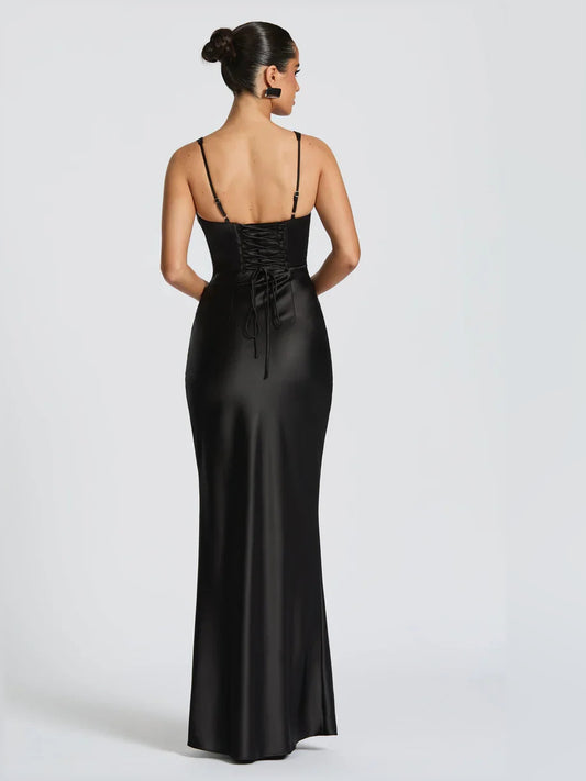 Black mermaid floor-length formal dress with corset-style bodice, alternate view