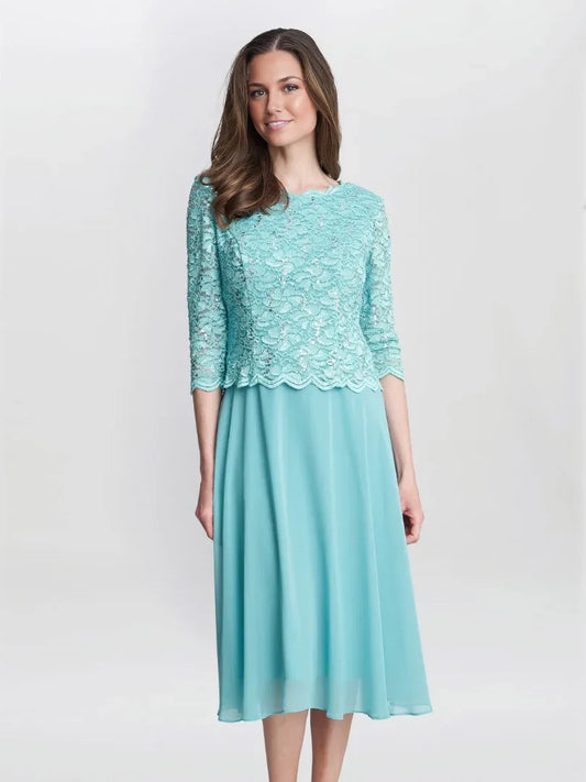 Mint Green midi mother of the bride dress, alternate view showing the bodice and skirt