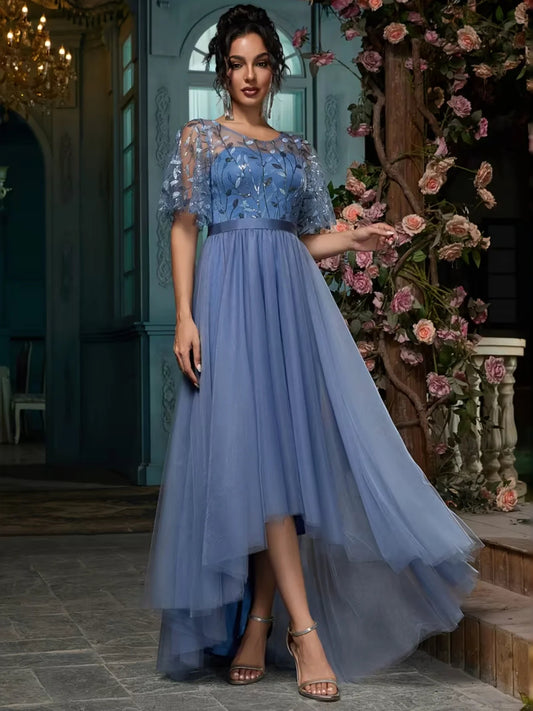 Slate Blue maxi prom dress, alternate view showing the bodice and skirt