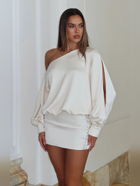 Off White mini homecoming dress, alternate view showing the bodice and skirt