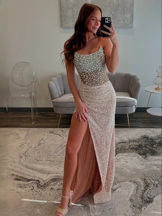 Champagne maxi prom dress, alternate view showing the bodice and skirt