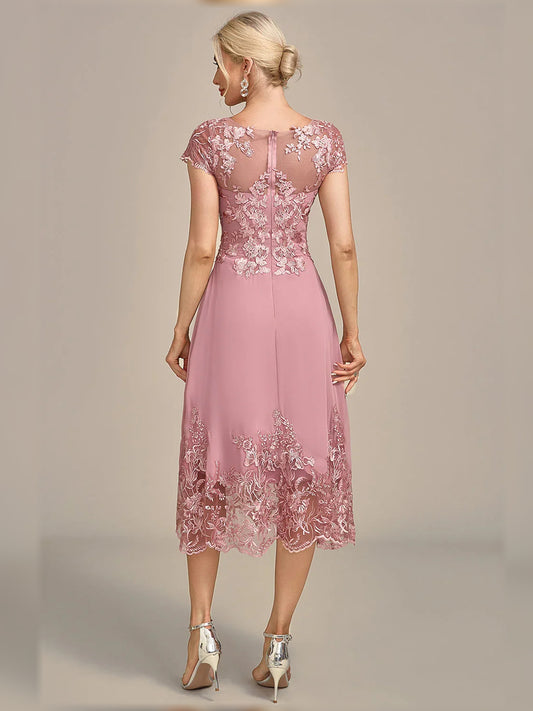 Dusty Rose knee-length mother of the bride dress, alternate view showing the bodice and skirt