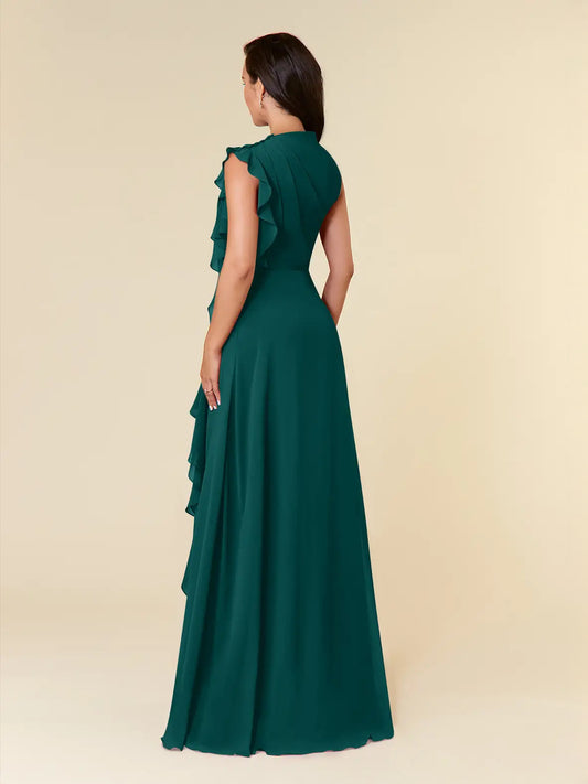 Peacock maxi bridesmaid dress, alternate view showing the bodice and skirt