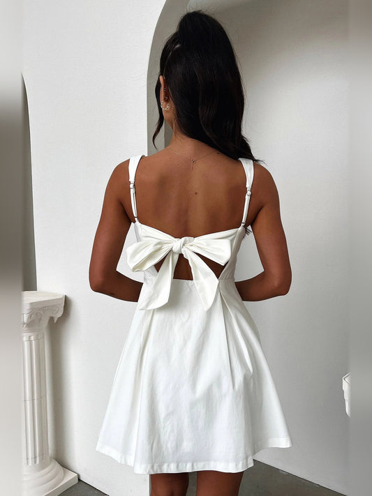 Ivory white mini homecoming dress, back view showing the rear of the dress