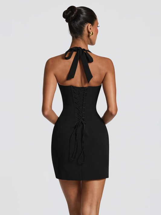 Black mini homecoming dress, alternate view showing the bodice and skirt