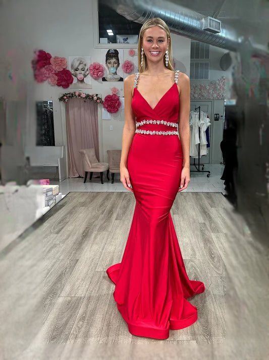 Red maxi prom dress, back view showing the rear of the dress