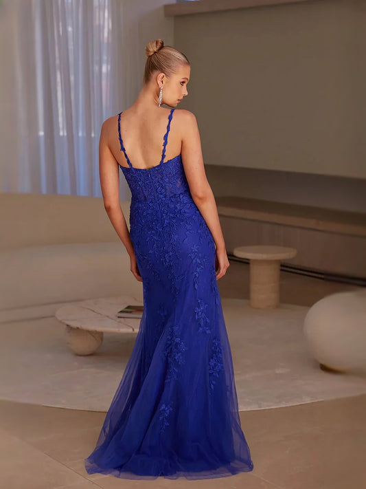Cobalt Blue maxi prom dress, alternate view showing the bodice and skirt
