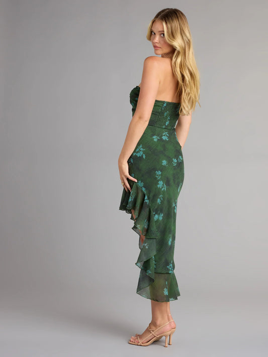Floral midi formal dress with ruffle details, alternate view