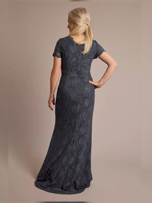 Charcoal short mother of the bride dress, alternate view showing the bodice and skirt
