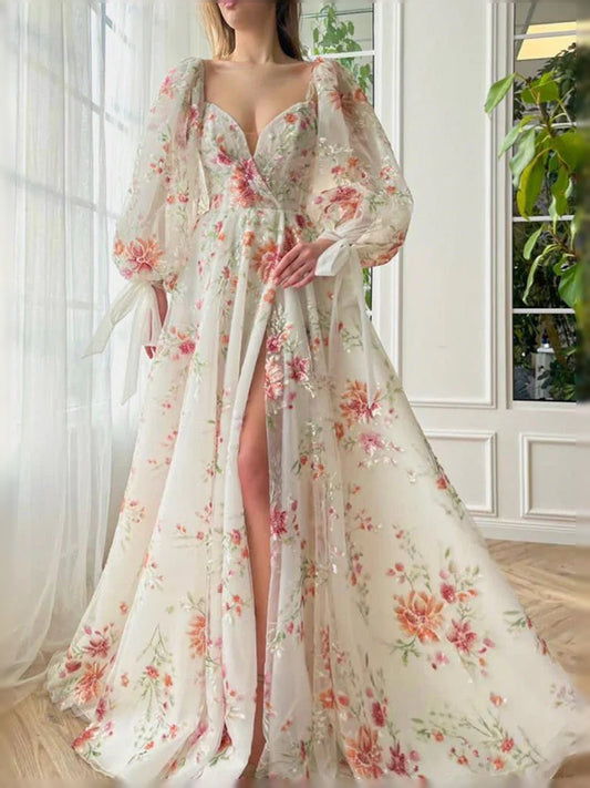 Floral floor-length prom dress, alternate view showing the bodice and skirt