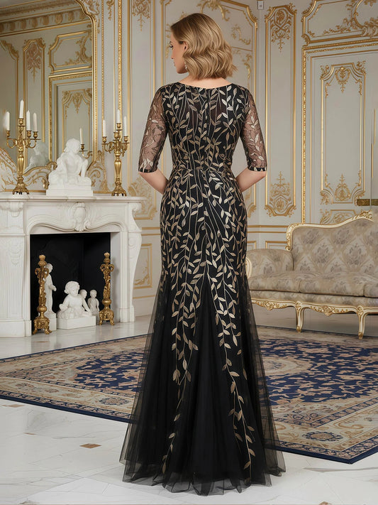 Black floor-length mother of the bride dress, alternate view showing the bodice and skirt