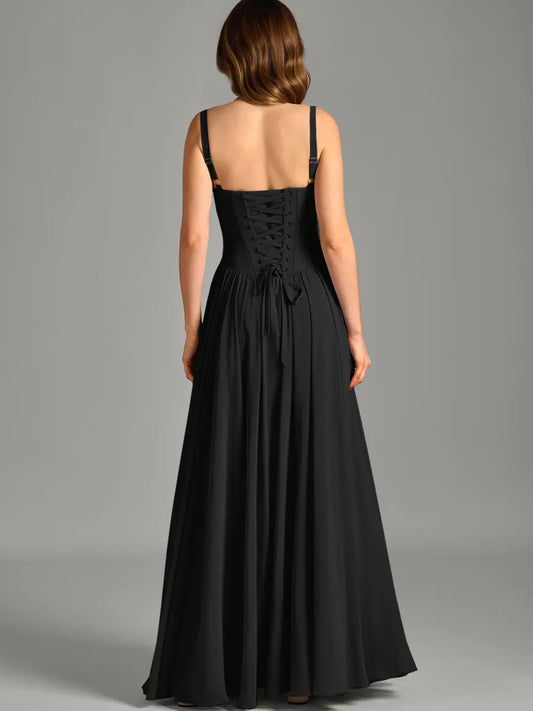 Black maxi bridesmaid dress, alternate view showing the bodice and skirt
