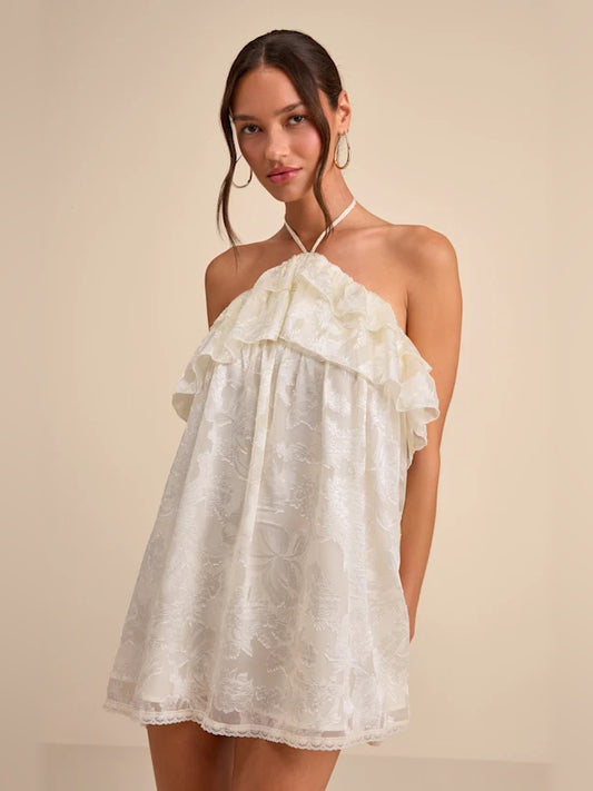 Ivory Floral mini homecoming dress, alternate view showing the bodice and skirt