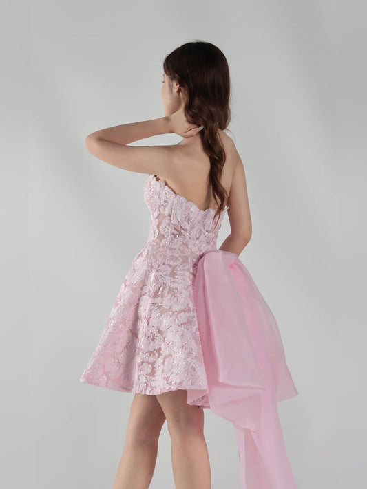 Light Pink mini homecoming dress, back view showing the rear of the dress