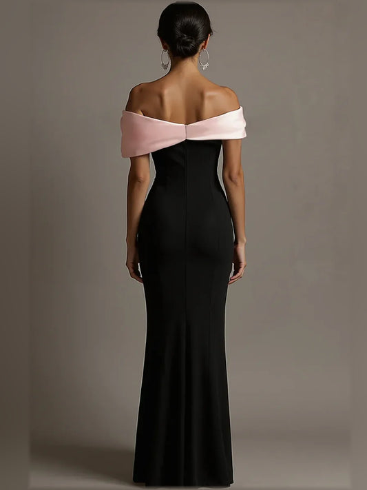 Black mermaid floor-length formal dress with corset-style bodice, alternate view