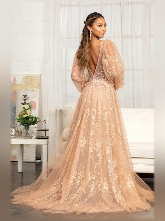 Gold a-line floor-length formal dress with embroidery, alternate view