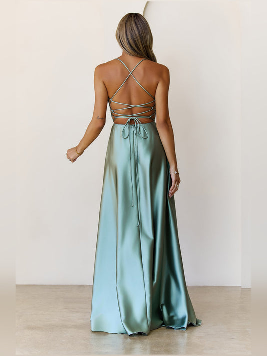 Sage a-line maxi formal dress with skirt slit, full-length back view