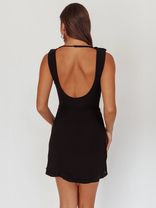 Black mini homecoming dress, alternate view showing the bodice and skirt