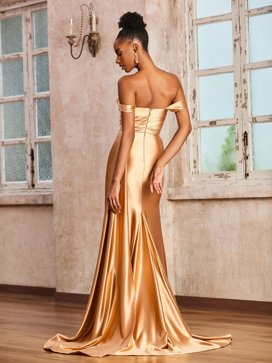 Champagne Gold mermaid floor-length formal dress with skirt slit, alternate view