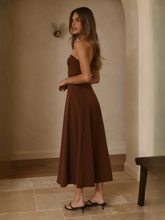 Chocolate midi formal dress with strapless neckline, alternate view