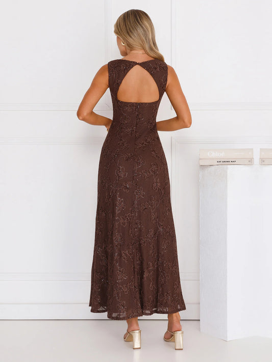 Brown a-line maxi formal dress with a-line, full-length back view