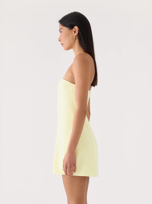Yellow mini homecoming dress, alternate view showing the bodice and skirt