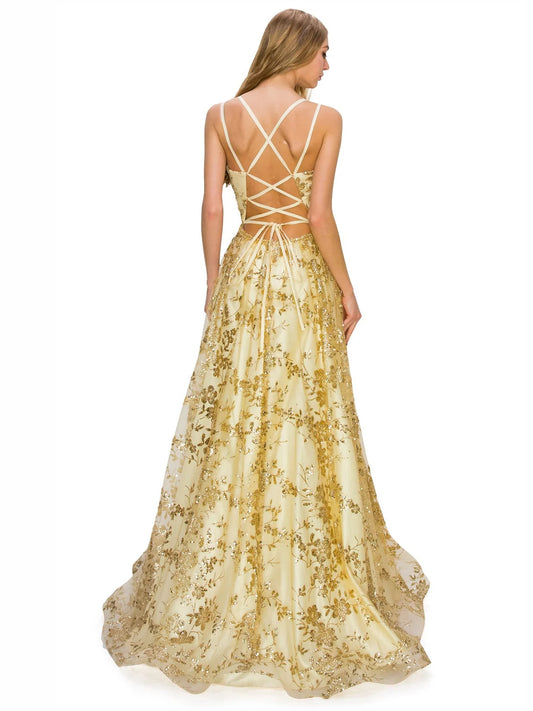 Gold floor-length prom dress, alternate view showing the bodice and skirt