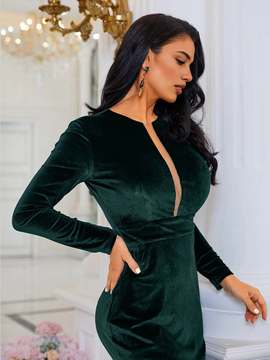 Green mermaid maxi formal dress with V-neckline, alternate view