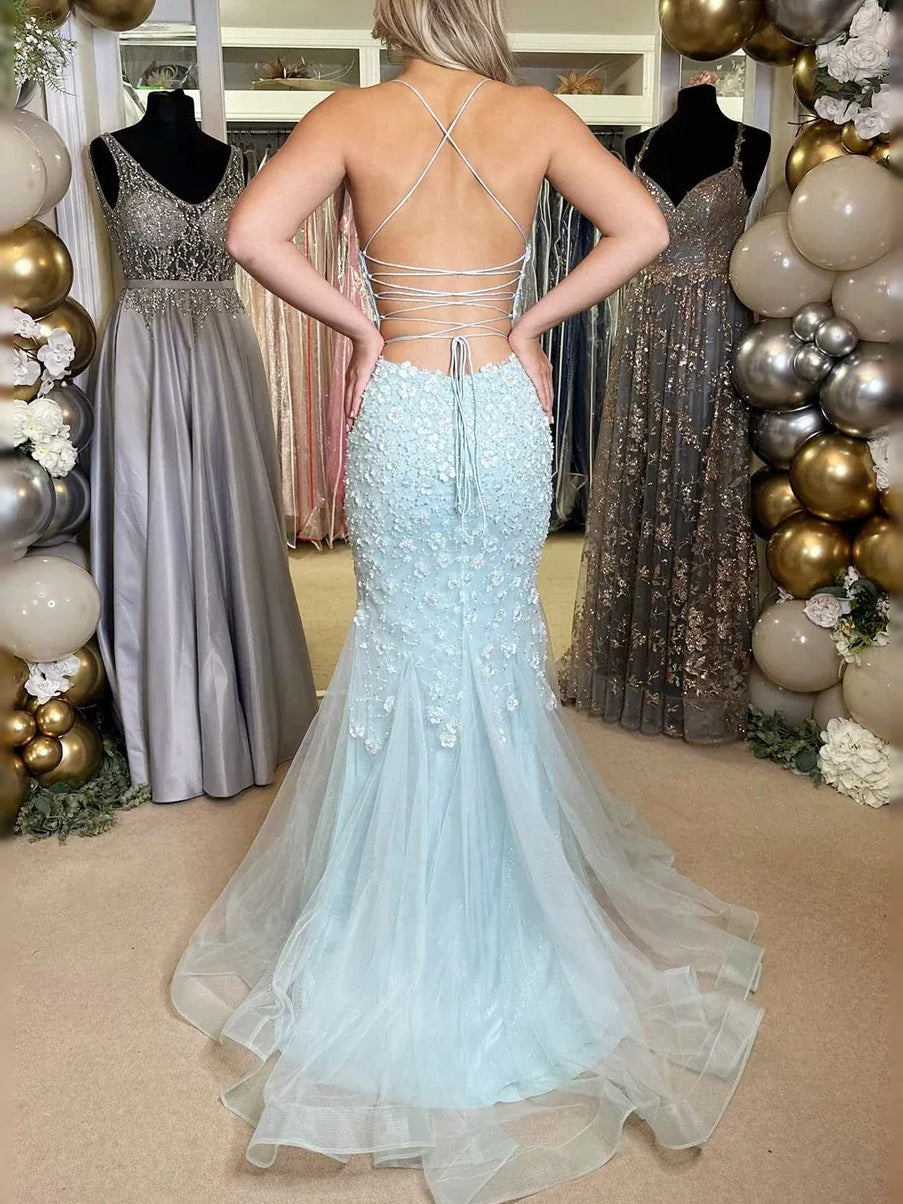 Light Blue maxi prom dress, alternate view showing the bodice and skirt