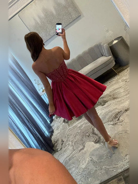 Crimson Red mini homecoming dress, back view showing the rear of the dress