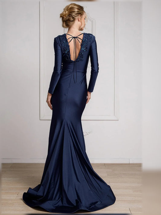Navy Blue mermaid floor-length formal dress with beading, alternate view