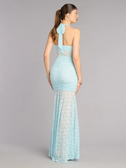 Light Blue mermaid floor-length formal dress with ruching, alternate view