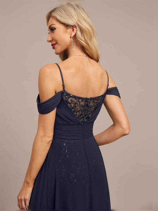 Dark Navy maxi mother of the bride dress, alternate view showing the bodice and skirt