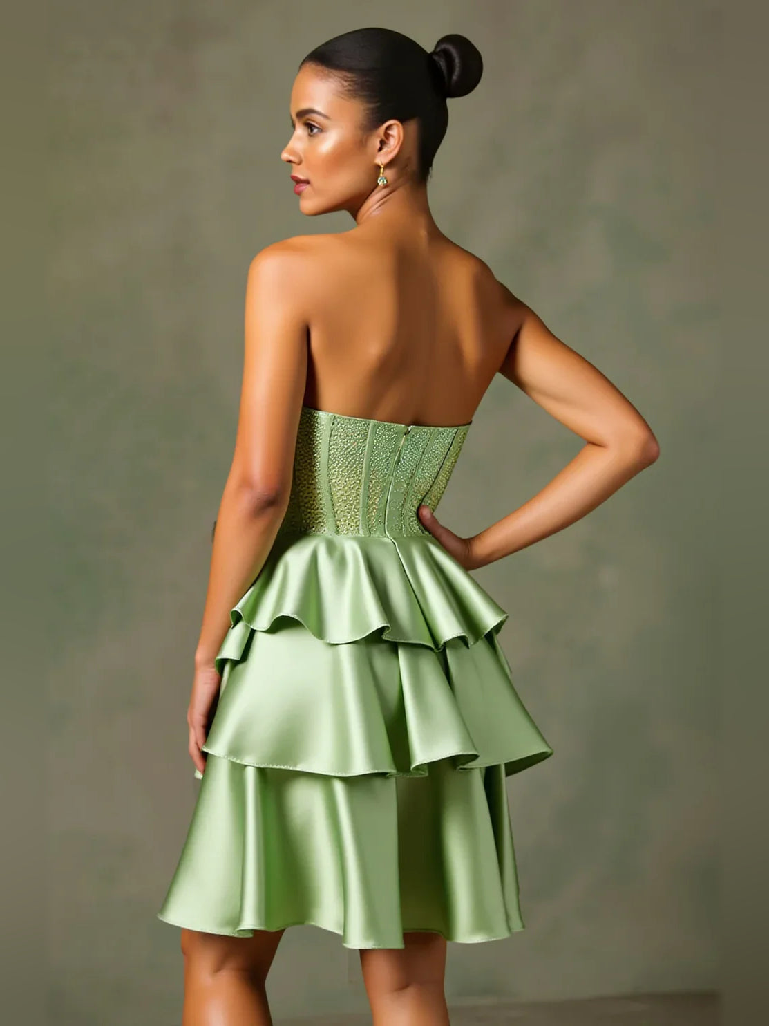 Dusty Sage short homecoming dress, back view showing the rear of the dress