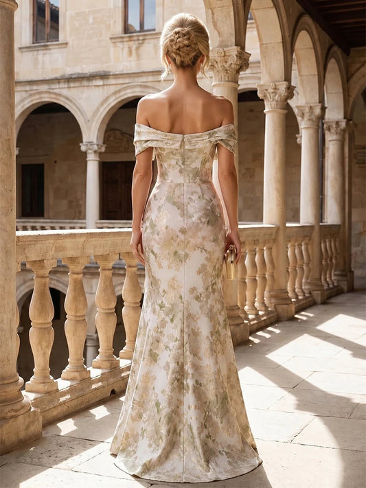 Ivory maxi mother of the bride dress, alternate view showing the bodice and skirt