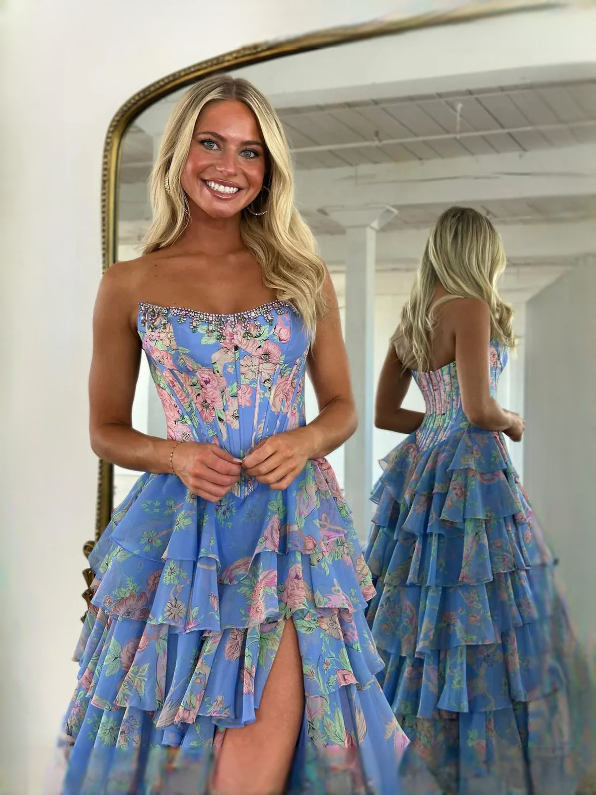 Floral maxi prom dress, alternate view showing the dress shape and hem