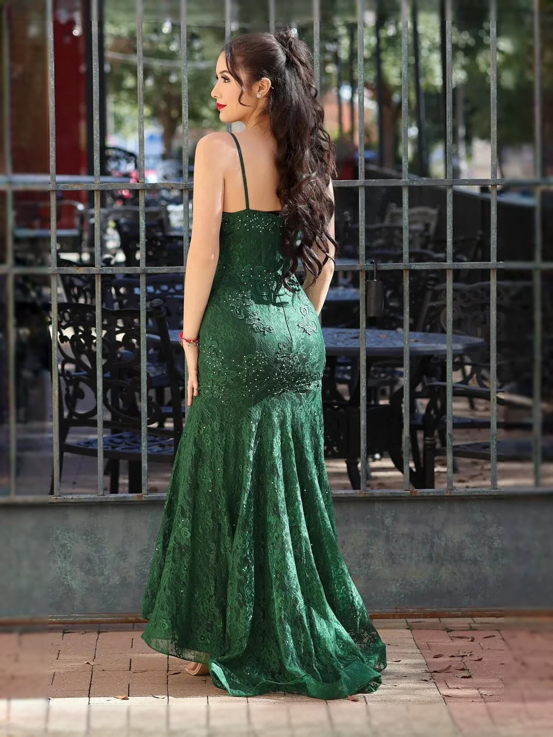 Emerald Green maxi prom dress, back view showing the rear of the dress from another angle