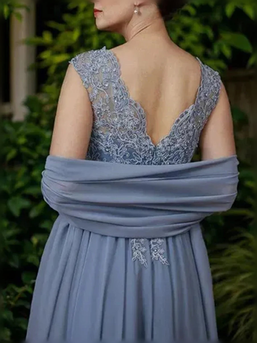 Dusty Blue floor-length mother of the bride dress, alternate view showing the dress shape and hem