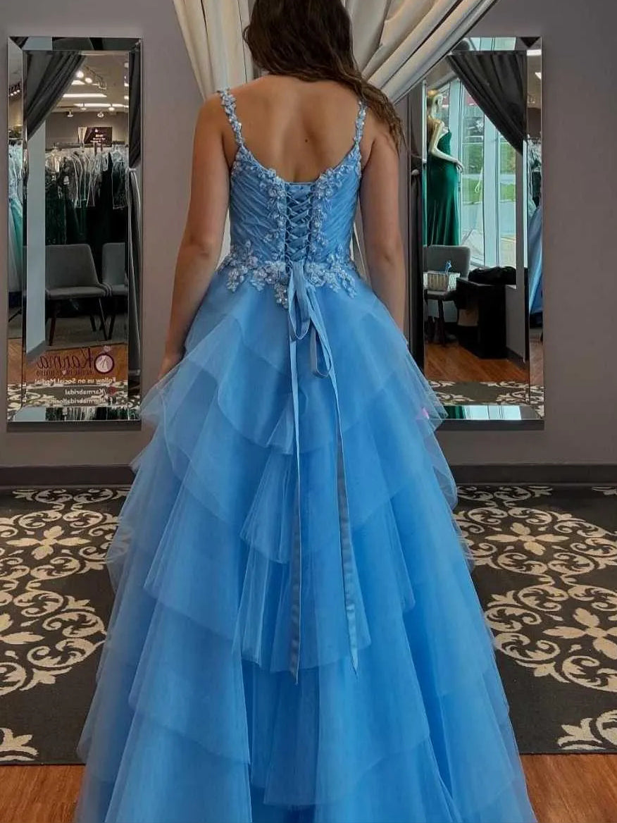Sky Blue maxi prom dress, alternate view showing the dress shape and hem