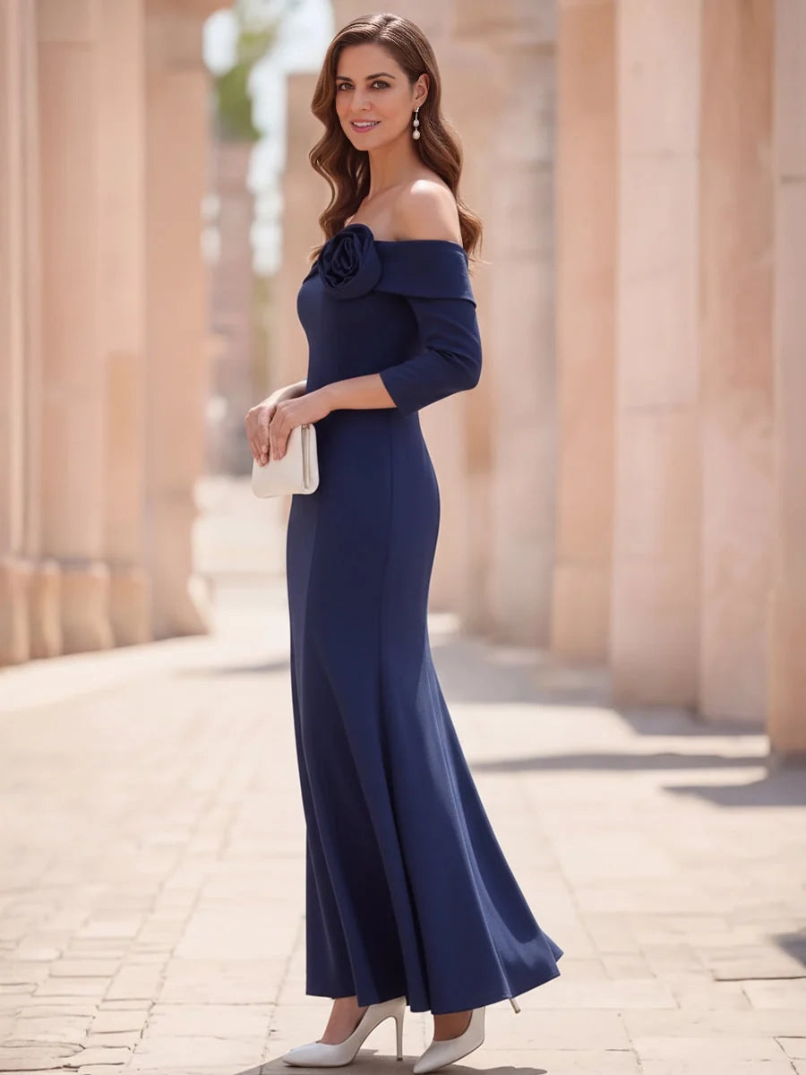 Dark Blue maxi mother of the bride dress, alternate view showing the dress shape and hem