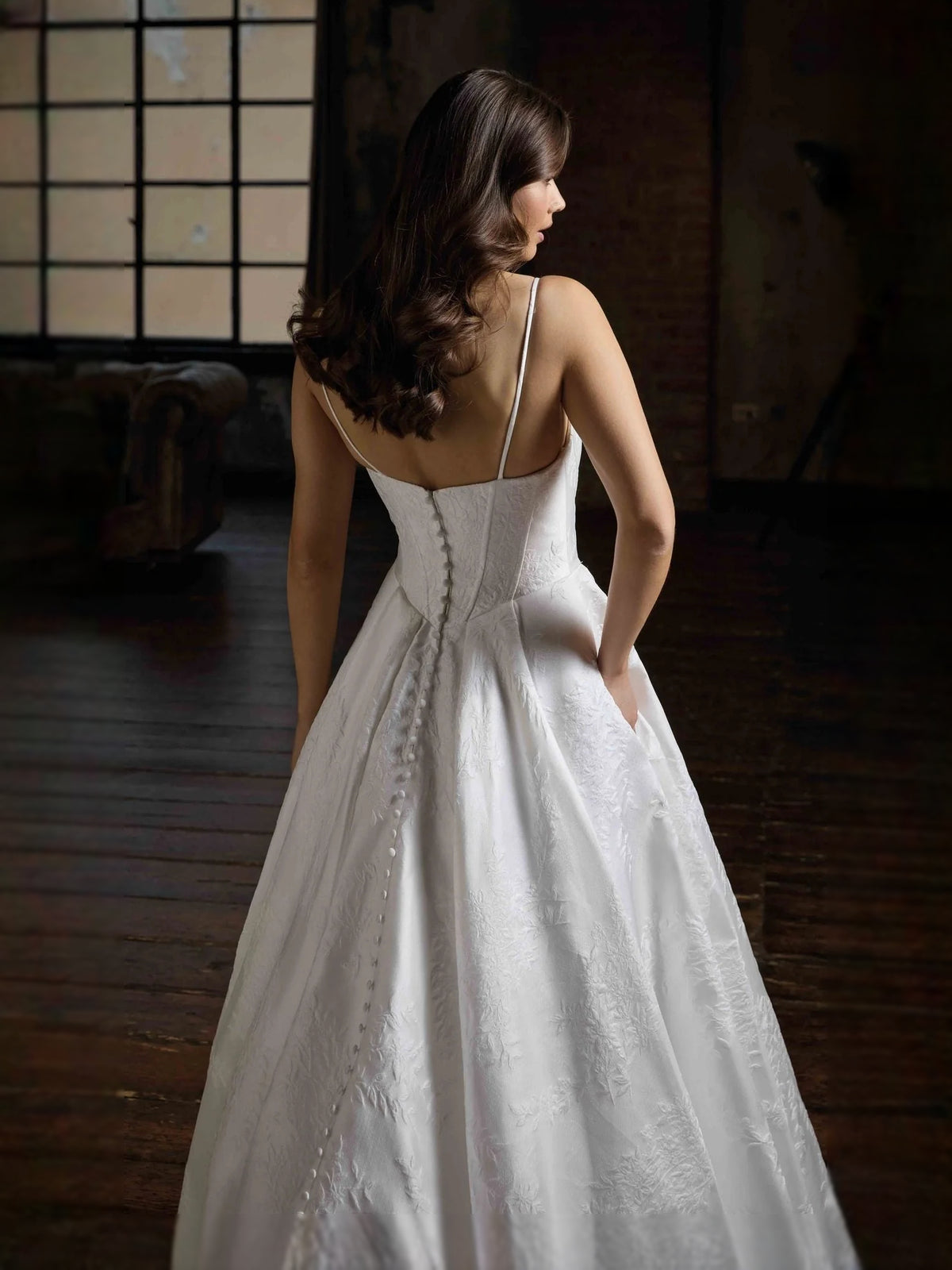 Ivory floor-length wedding dress, alternate view showing the dress shape and hem