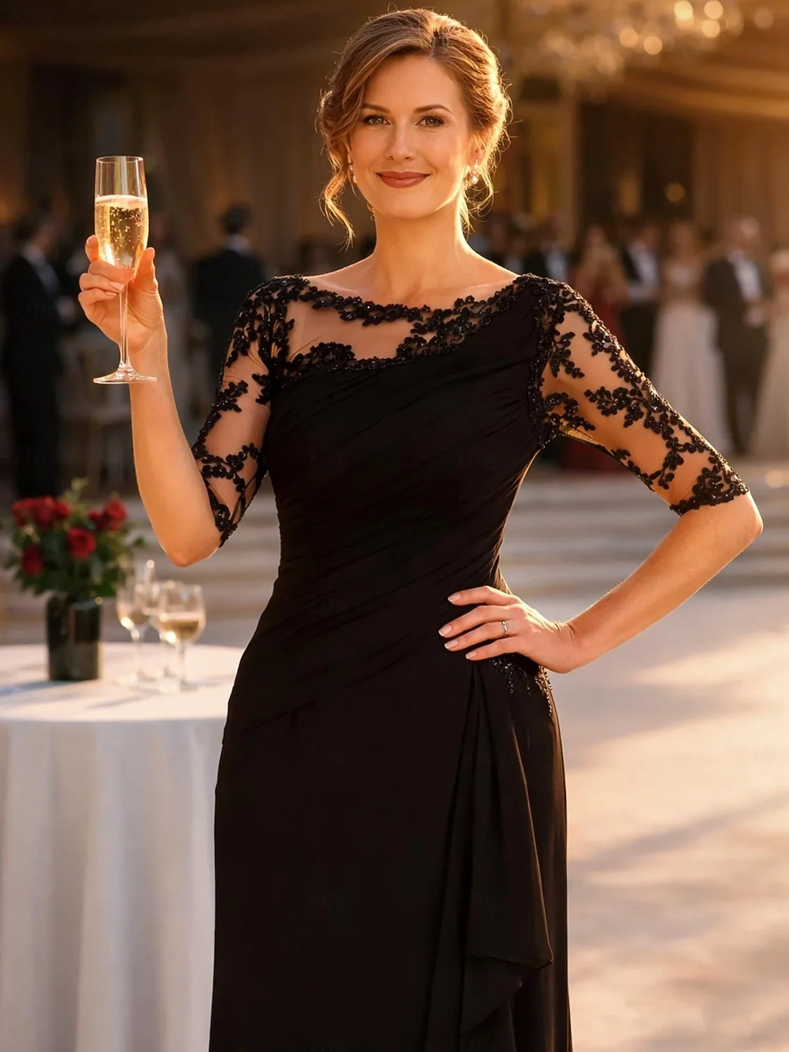 Black floor-length mother of the bride dress, alternate view showing the dress shape and hem