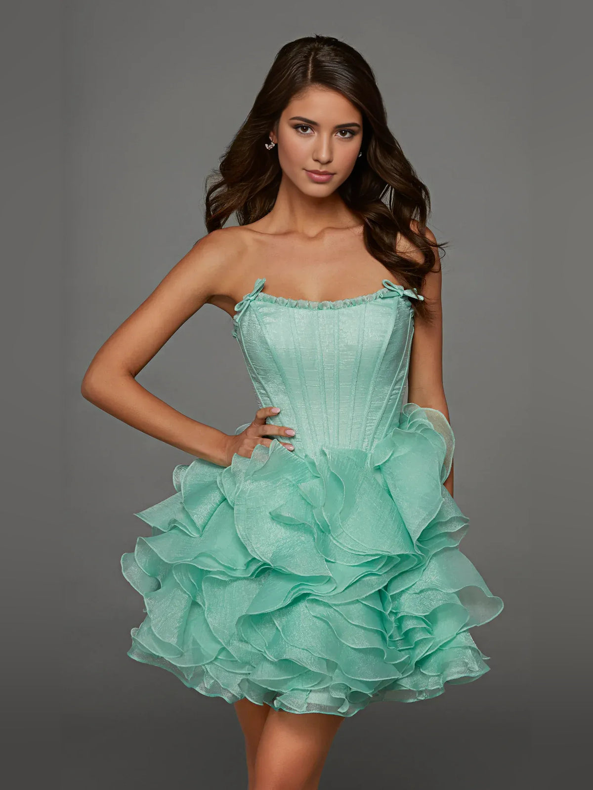 Turquoise mini homecoming dress, alternate view showing the dress shape and hem