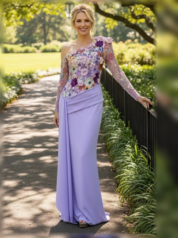 Lavender floor-length mother of the bride dress, alternate view showing the dress shape and hem