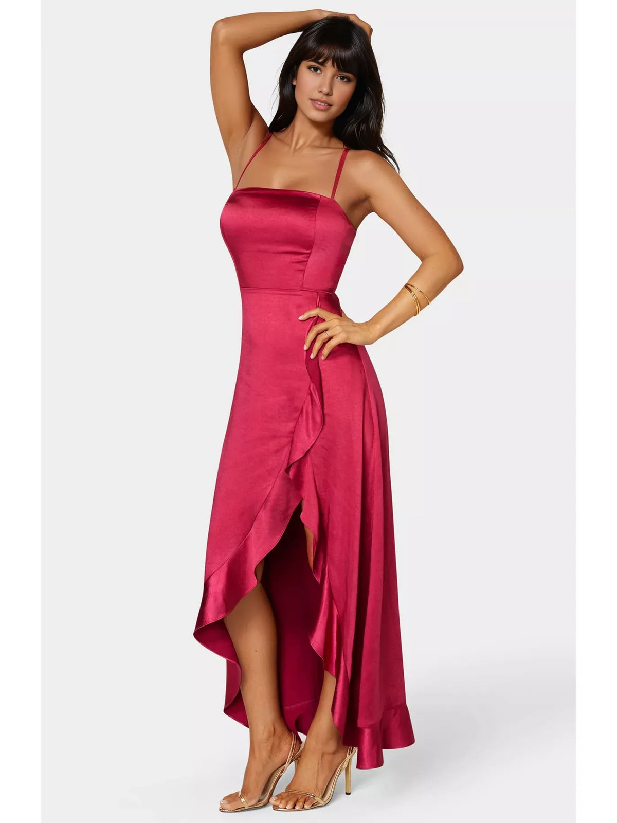Raspberry a-line floor-length formal dress with ruffle details, alternate view showing the bodice