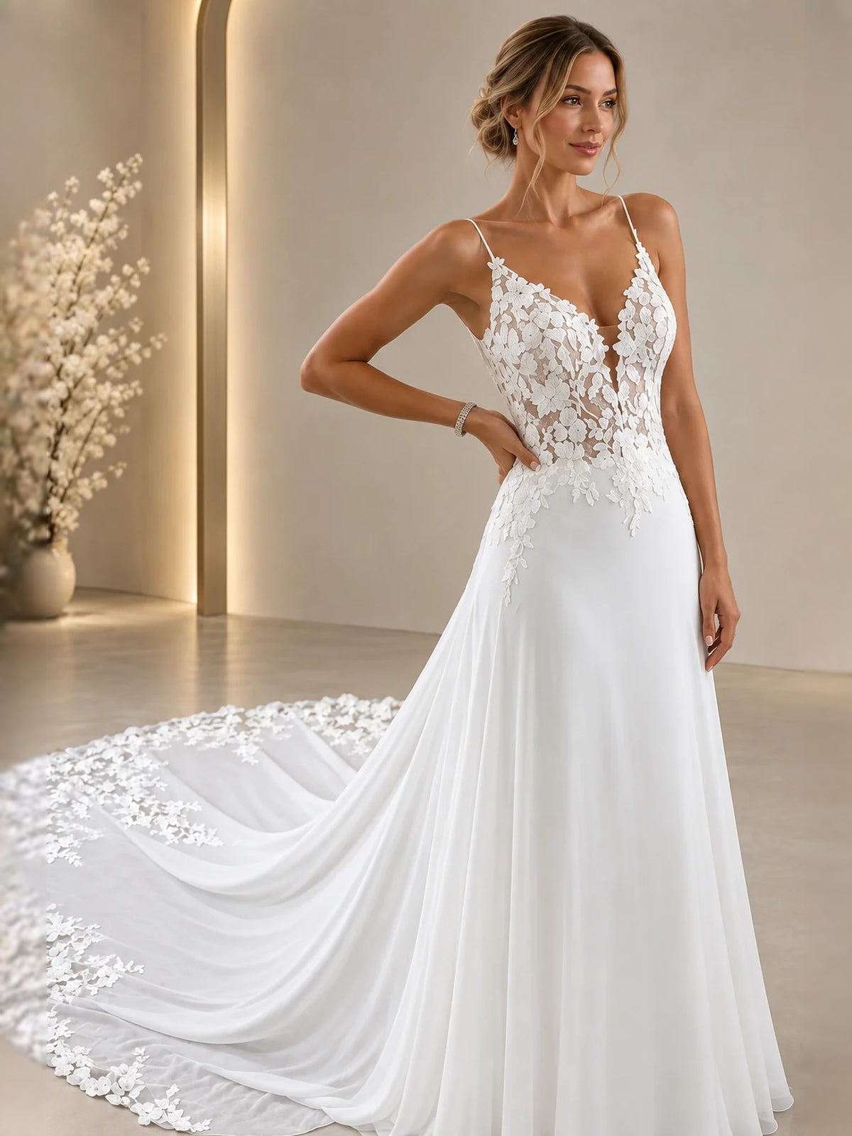 White floor-length wedding dress, alternate view showing the dress shape and hem