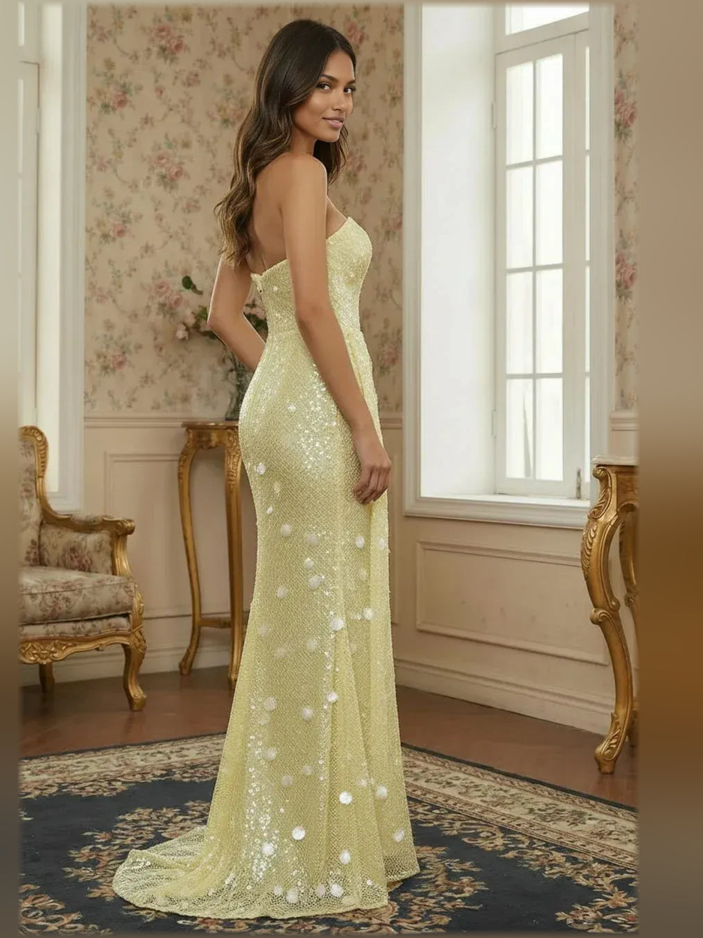 Yellow mermaid floor-length formal dress with draping, alternate view
