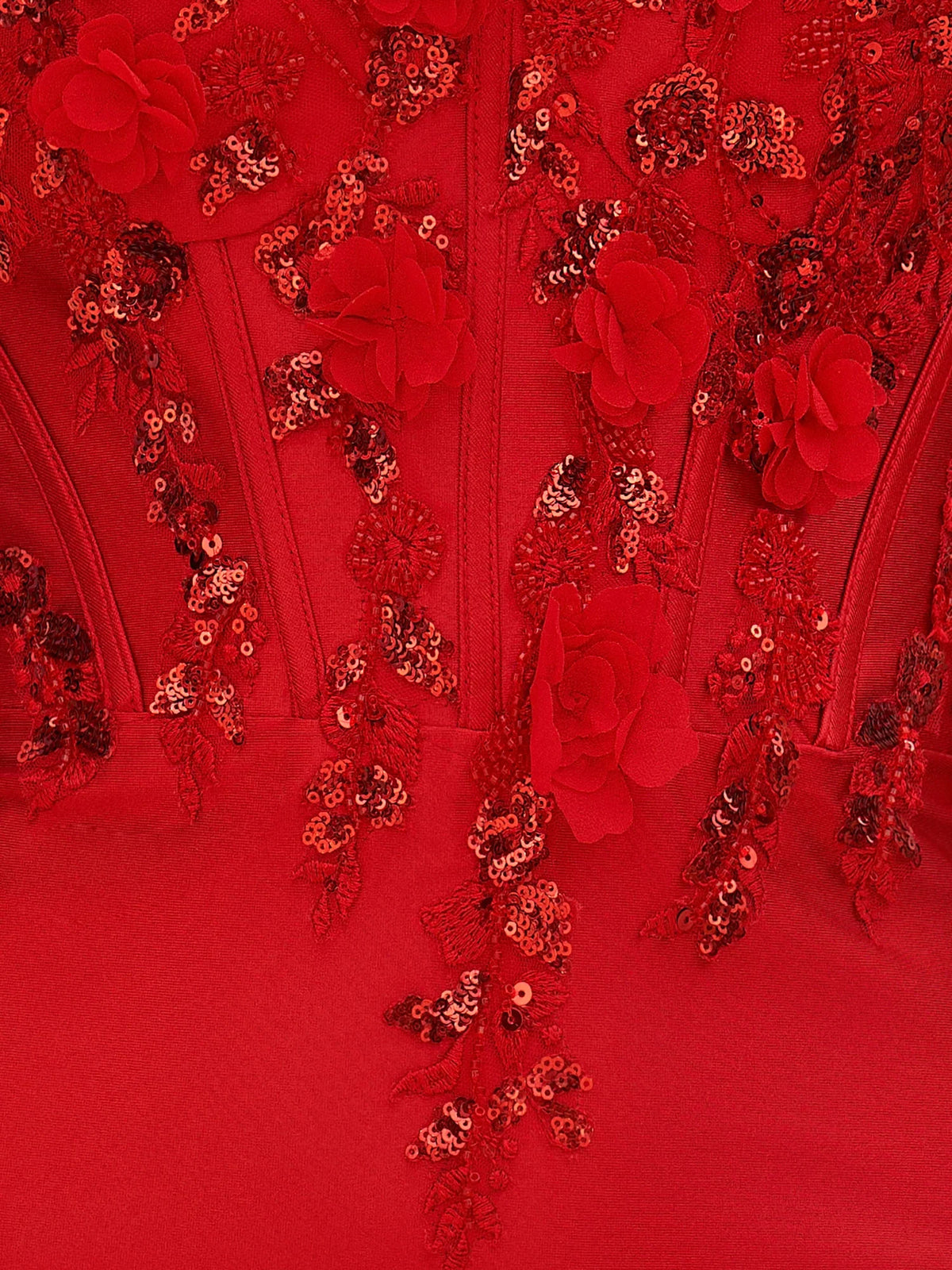 Red mini homecoming dress, alternate view showing the dress shape and hem