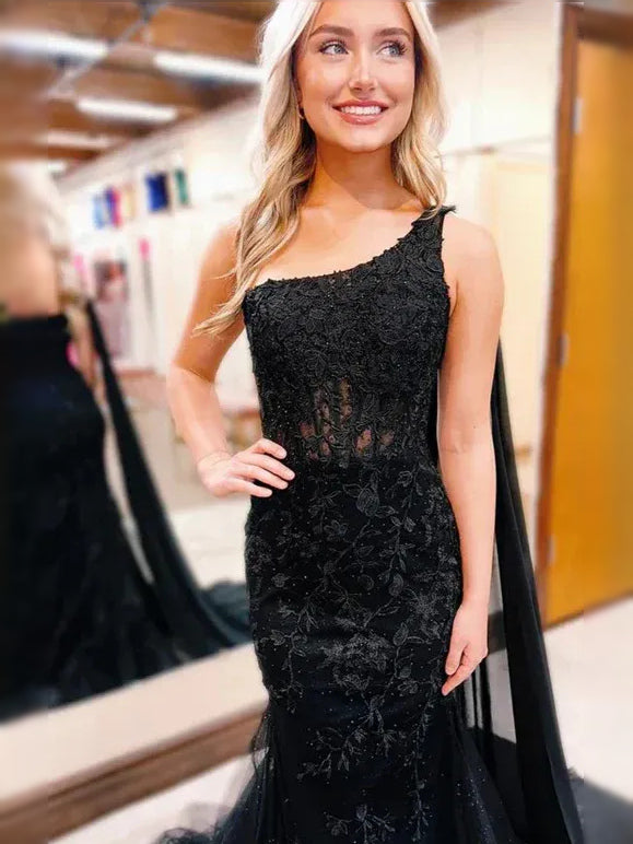 Black maxi prom dress, alternate view showing the dress shape and hem